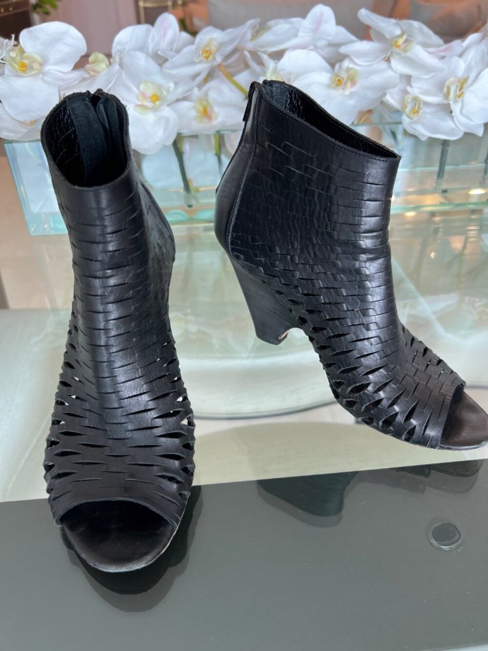 Black Woven Leather Peep Toe Booties Wedge Heel Italy 37 7